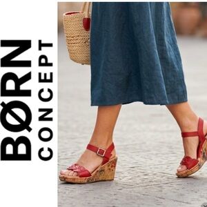 b.o.c. Red Braided Leather Ankle-Strap Wedge Sandals